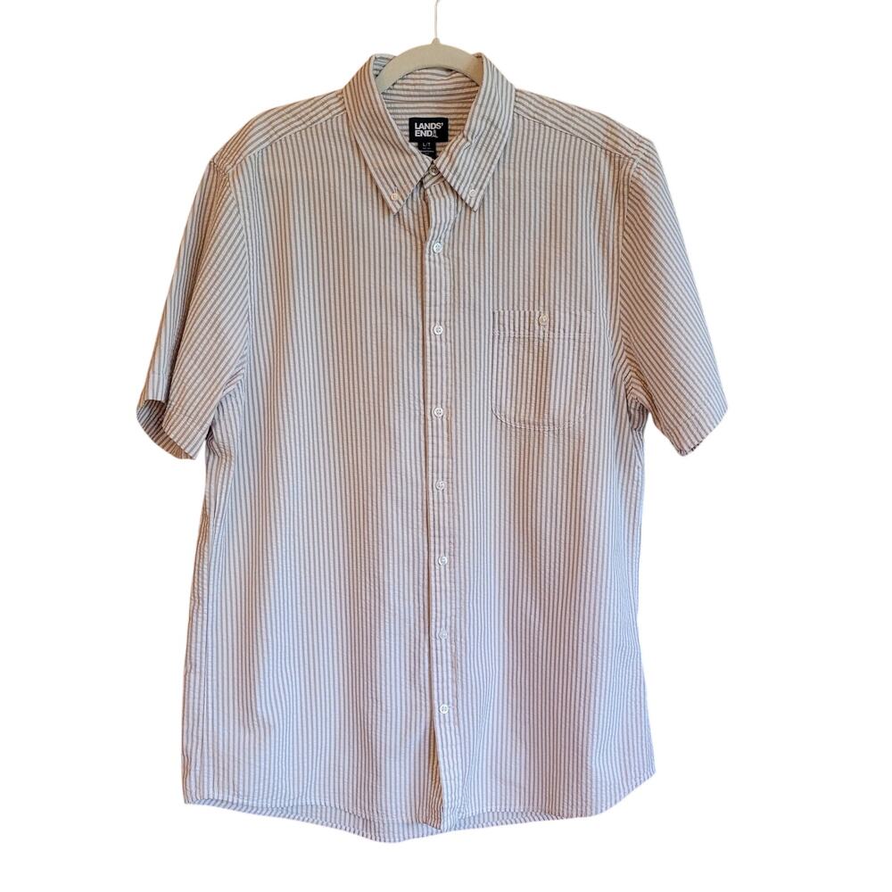 Lands End Beige White Striped Shirt Large Tall Short Sleeve Coastal Preppy